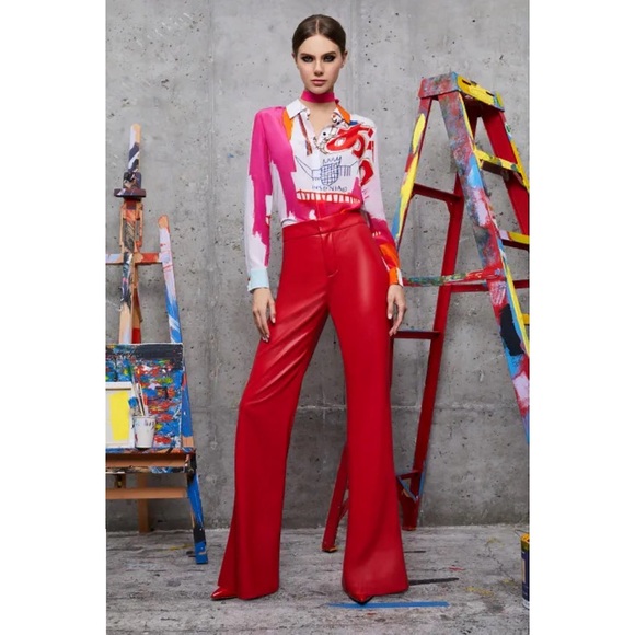 Alice + Olivia Willa Basquiat Pink Red Multi Placket Top - Picture 4 of 13